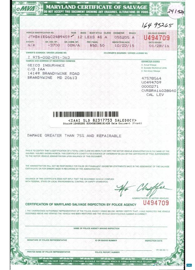 Download USA Maryland certificate of salvage Photoshop template